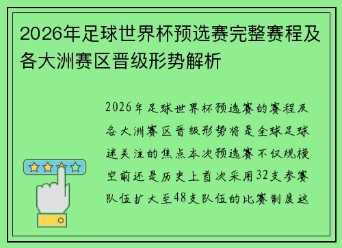 2026年足球世界杯预选赛完整赛程及各大洲赛区晋级形势解析