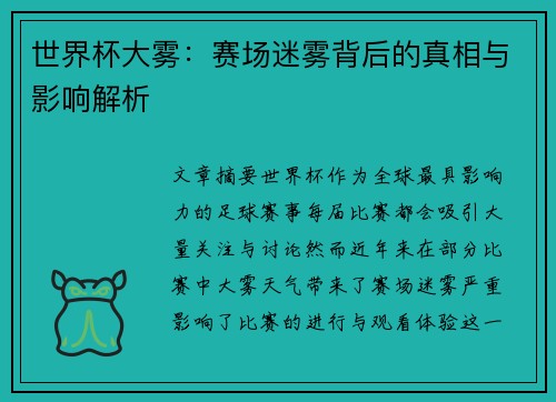 世界杯大雾：赛场迷雾背后的真相与影响解析