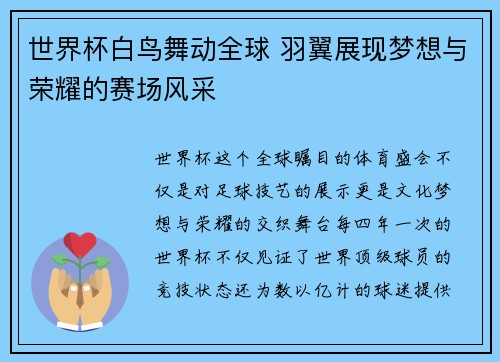 世界杯白鸟舞动全球 羽翼展现梦想与荣耀的赛场风采