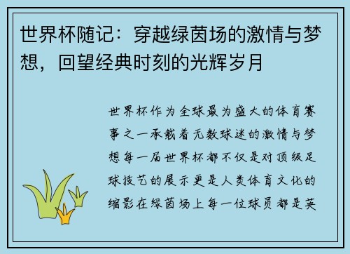世界杯随记：穿越绿茵场的激情与梦想，回望经典时刻的光辉岁月